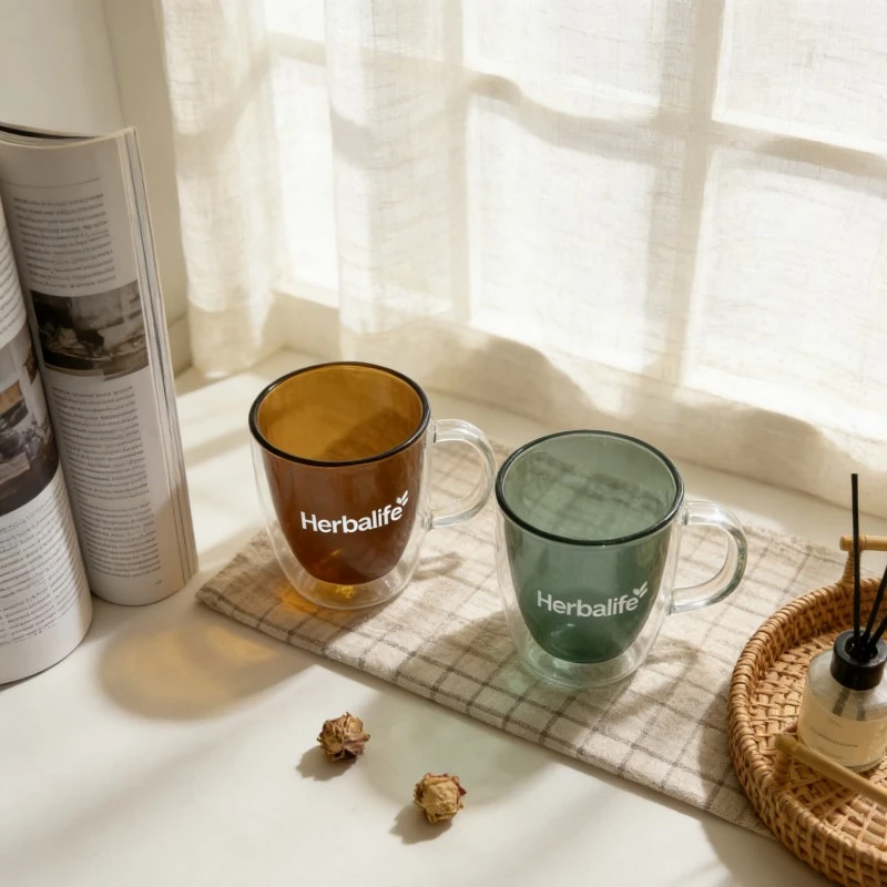 Colorful Double Layered Handle Glass Cup